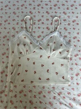 Love J Floral Lace-Trim White Cami with Pink Rose Print
